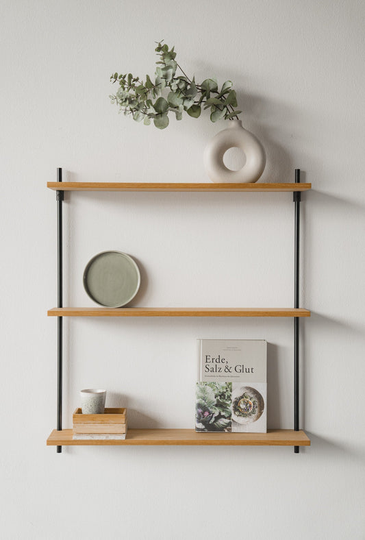 Floating oak hanging wall shelf — KUUDU modular shelving system for living room and bedroom