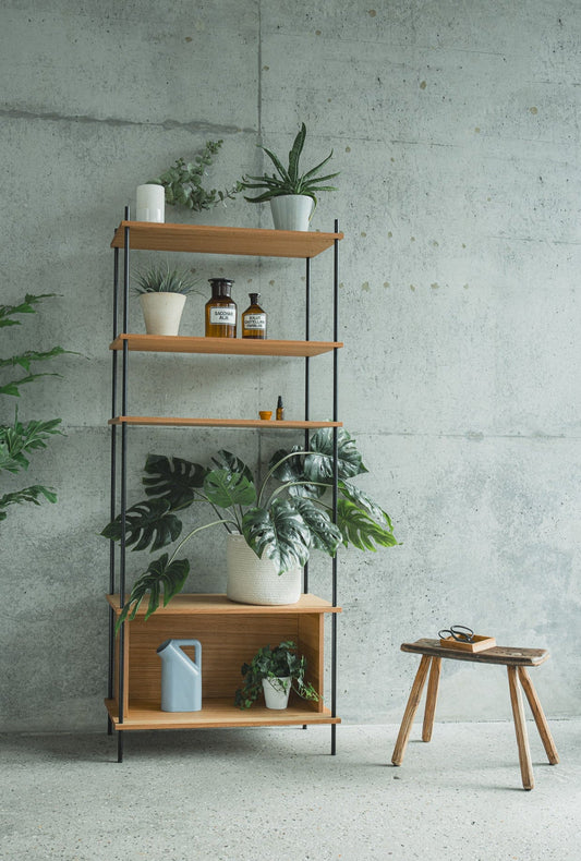 Compact Vertical Display Shelf for Small Spaces - KUUDU Modular Shelving System - Oak