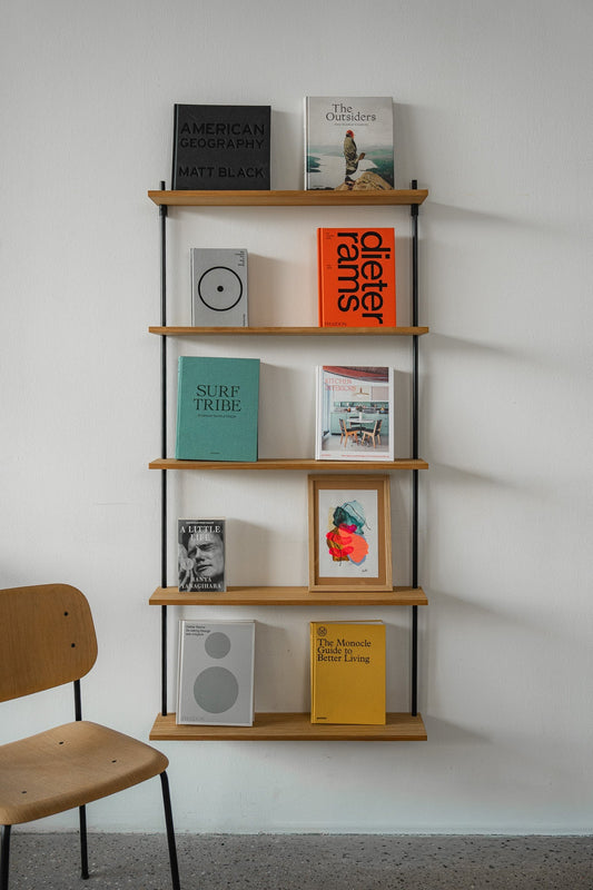 Danish-design oak wall shelf — KUUDU modular shelving for living room, bedroom and entryway