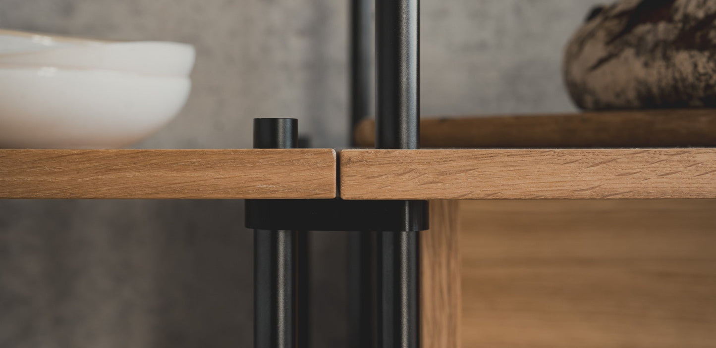 Wide Double-Section Sideboard with Open Storage - KUUDU Modular Shelving System - Oak