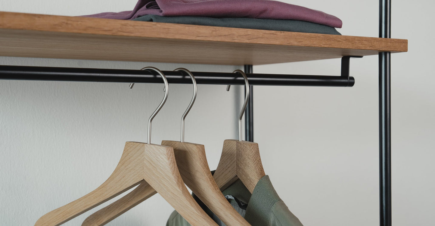 Tall standing oak wardrobe for entryways and narrow hallways — KUUDU modular shelving system