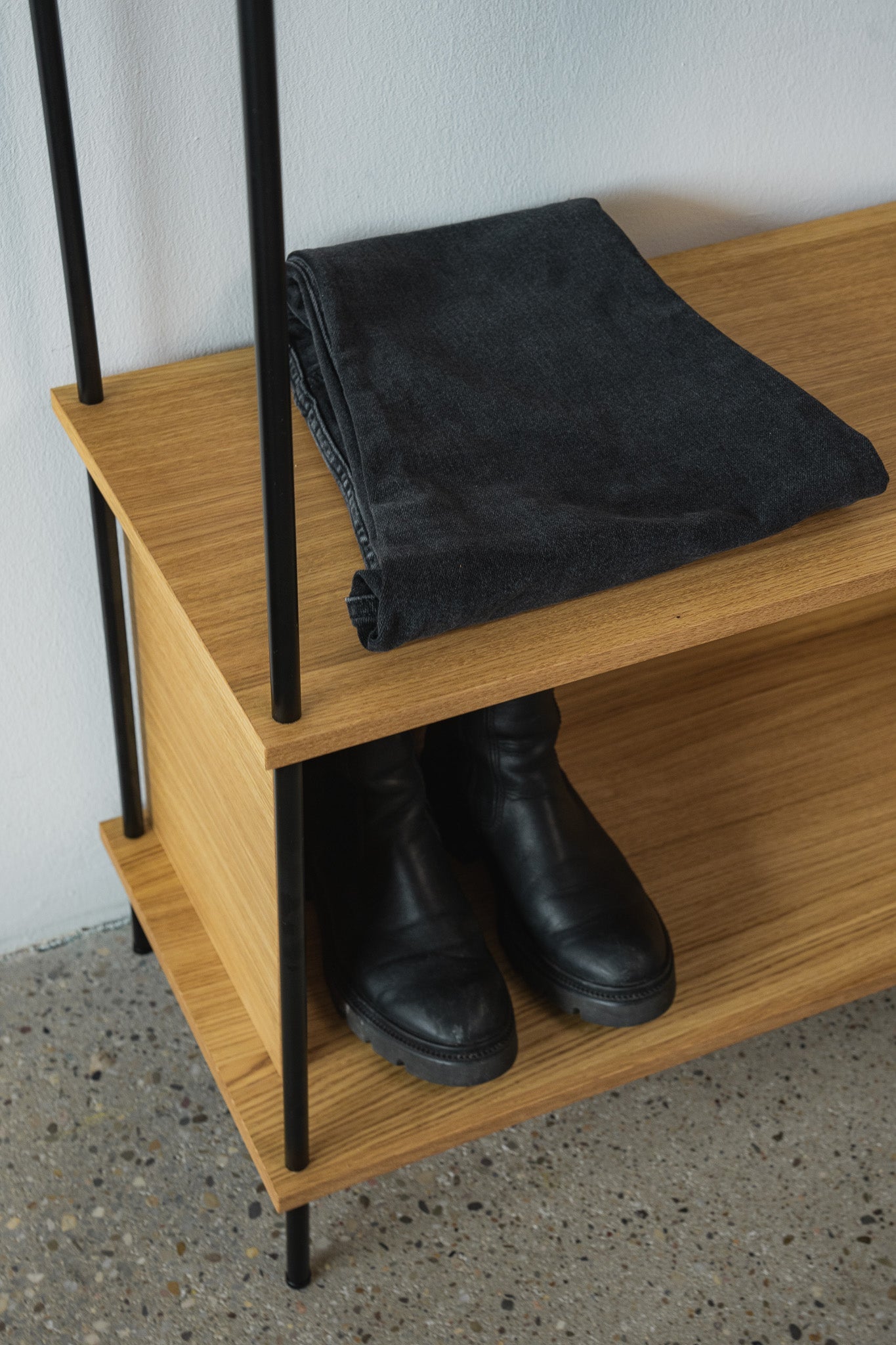 Tall standing oak wardrobe for entryways and narrow hallways — KUUDU modular shelving system