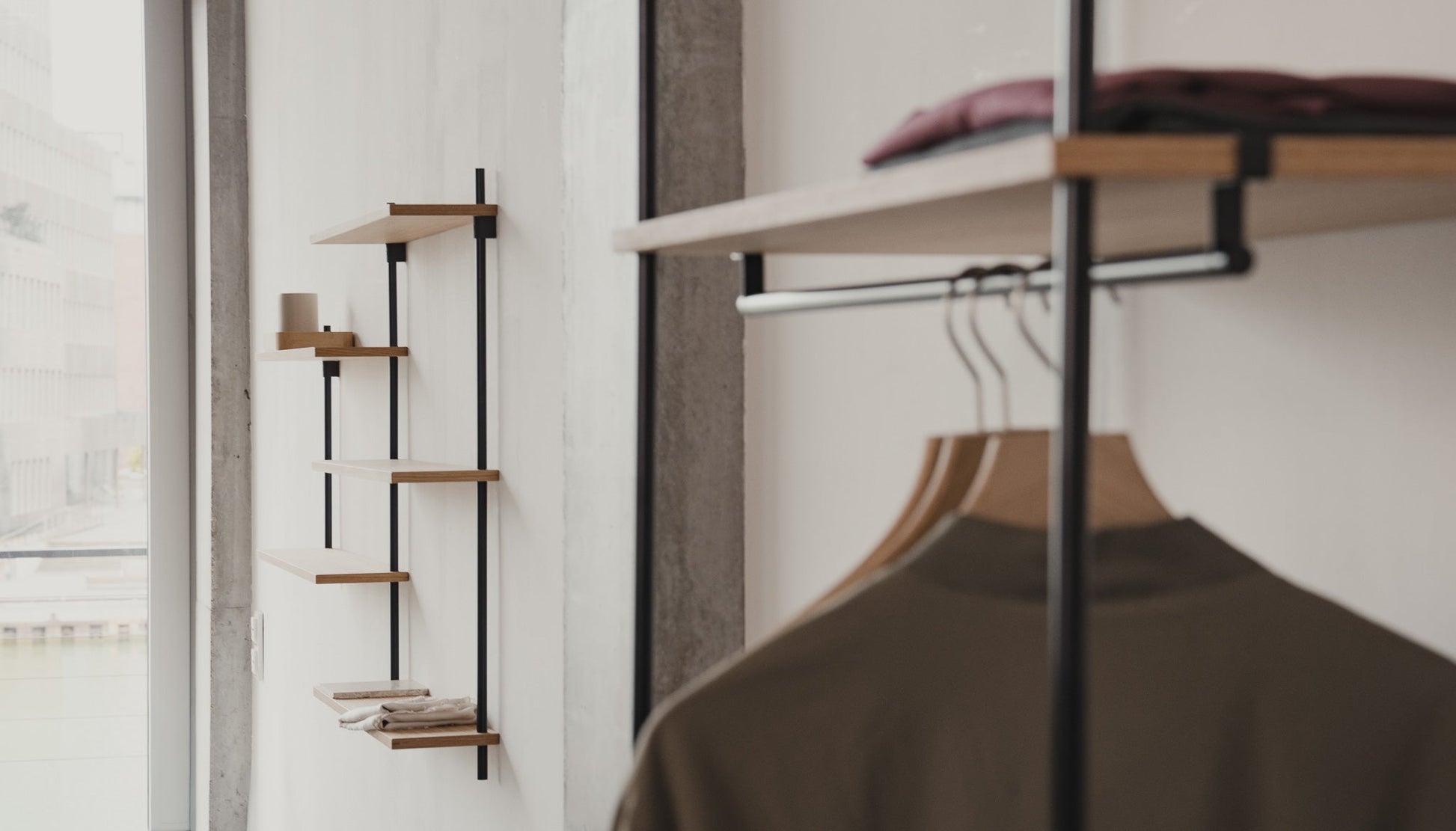 Tall standing oak wardrobe for entryways and narrow hallways — KUUDU modular shelving system