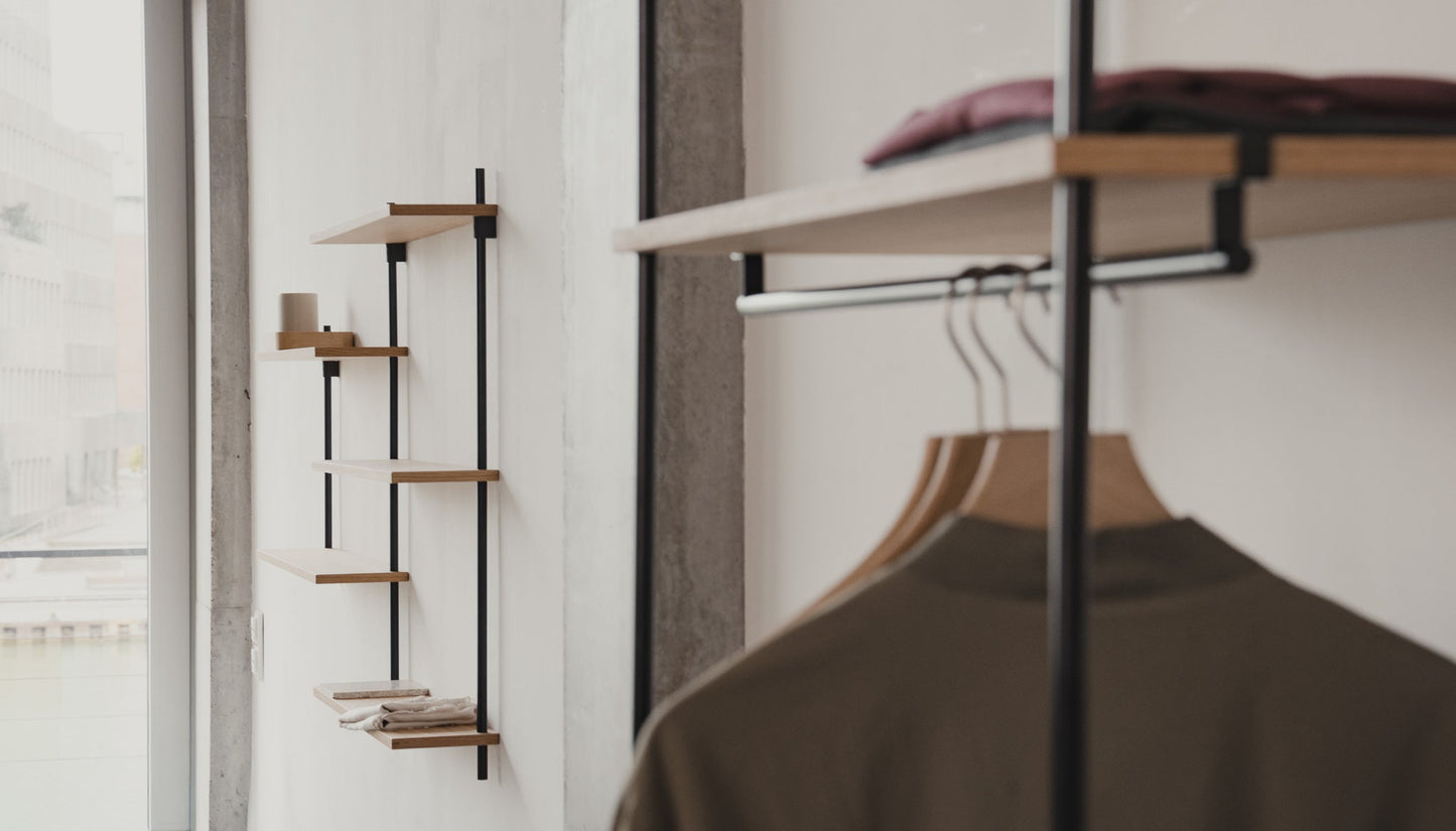 Tall standing oak wardrobe for entryways and narrow hallways — KUUDU modular shelving system