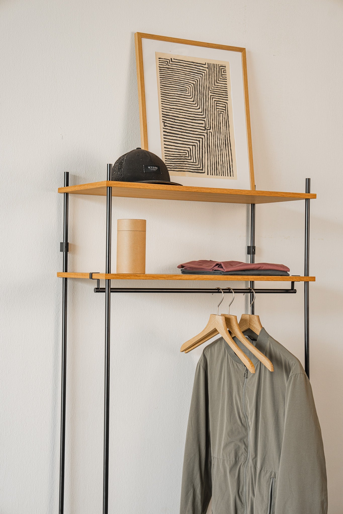 Tall standing oak wardrobe for entryways and narrow hallways — KUUDU modular shelving system