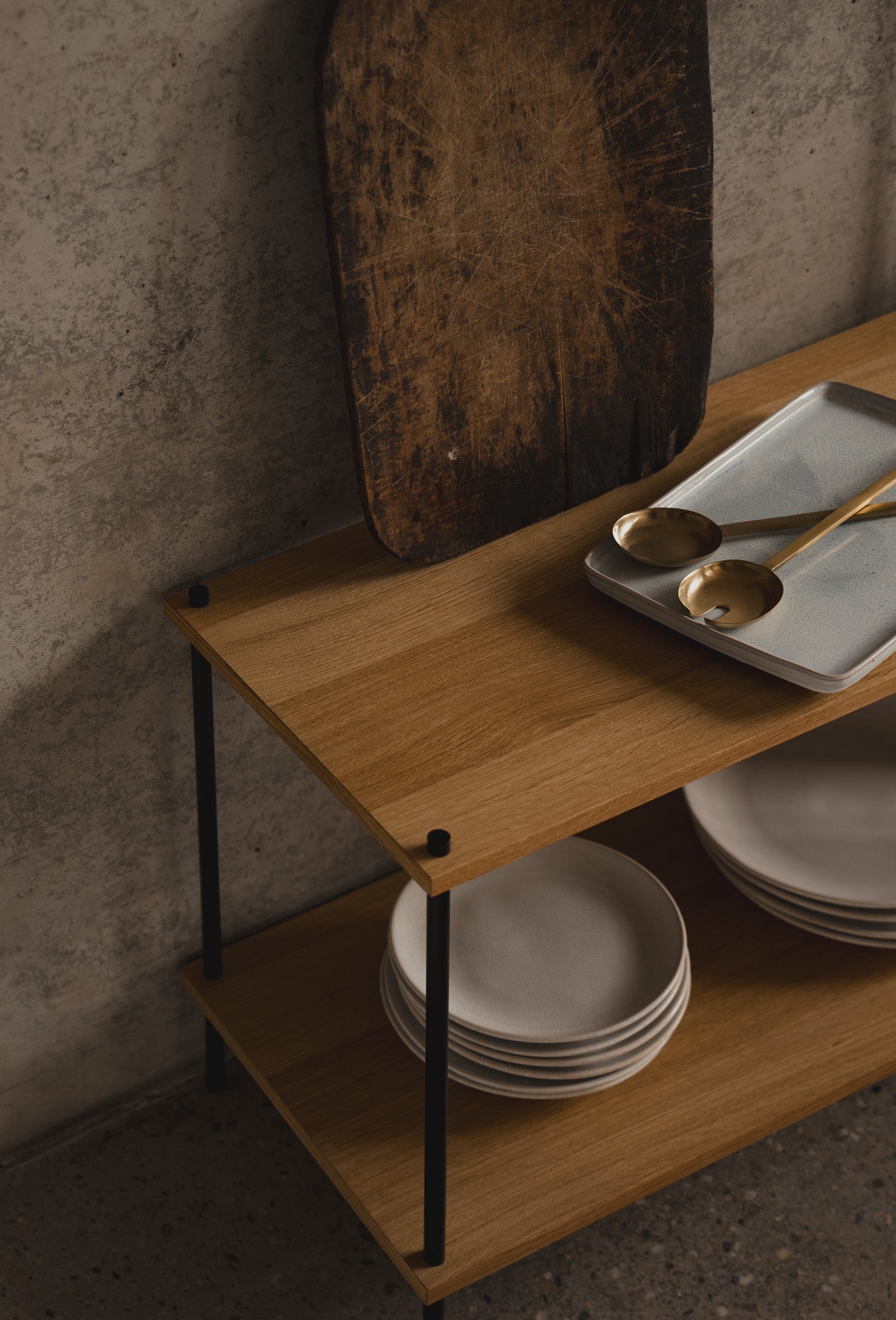 Asymmetric Double-Section Standing Shelf Unit - KUUDU Modular Shelving System - Oak