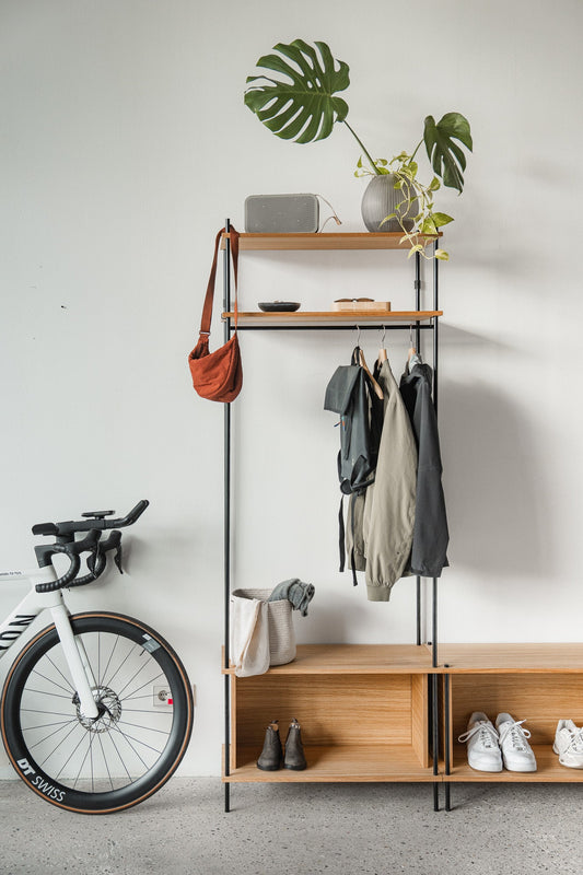 Wardrobe with Shoe Bench & Integrated Coat Rack - KUUDU Modular Shelving System - Oak