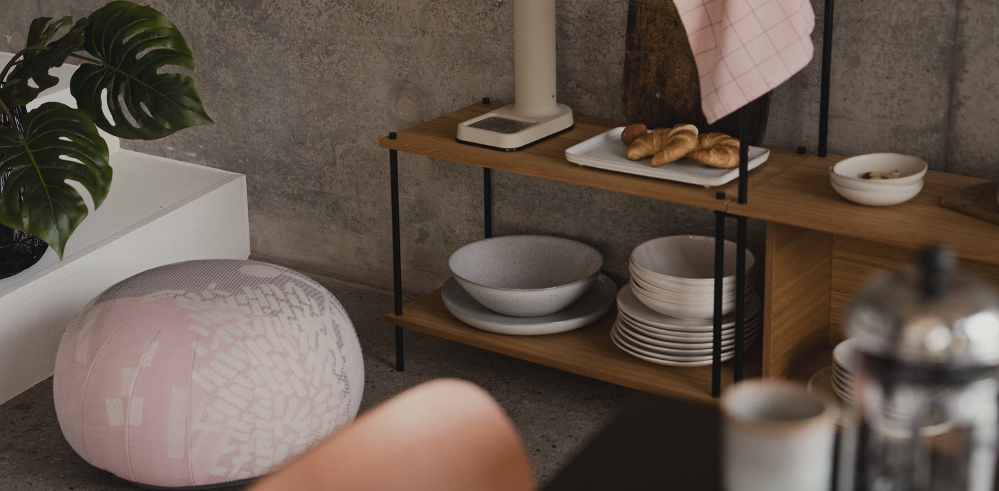 Asymmetric Double-Section Standing Shelf Unit - KUUDU Modular Shelving System - Oak