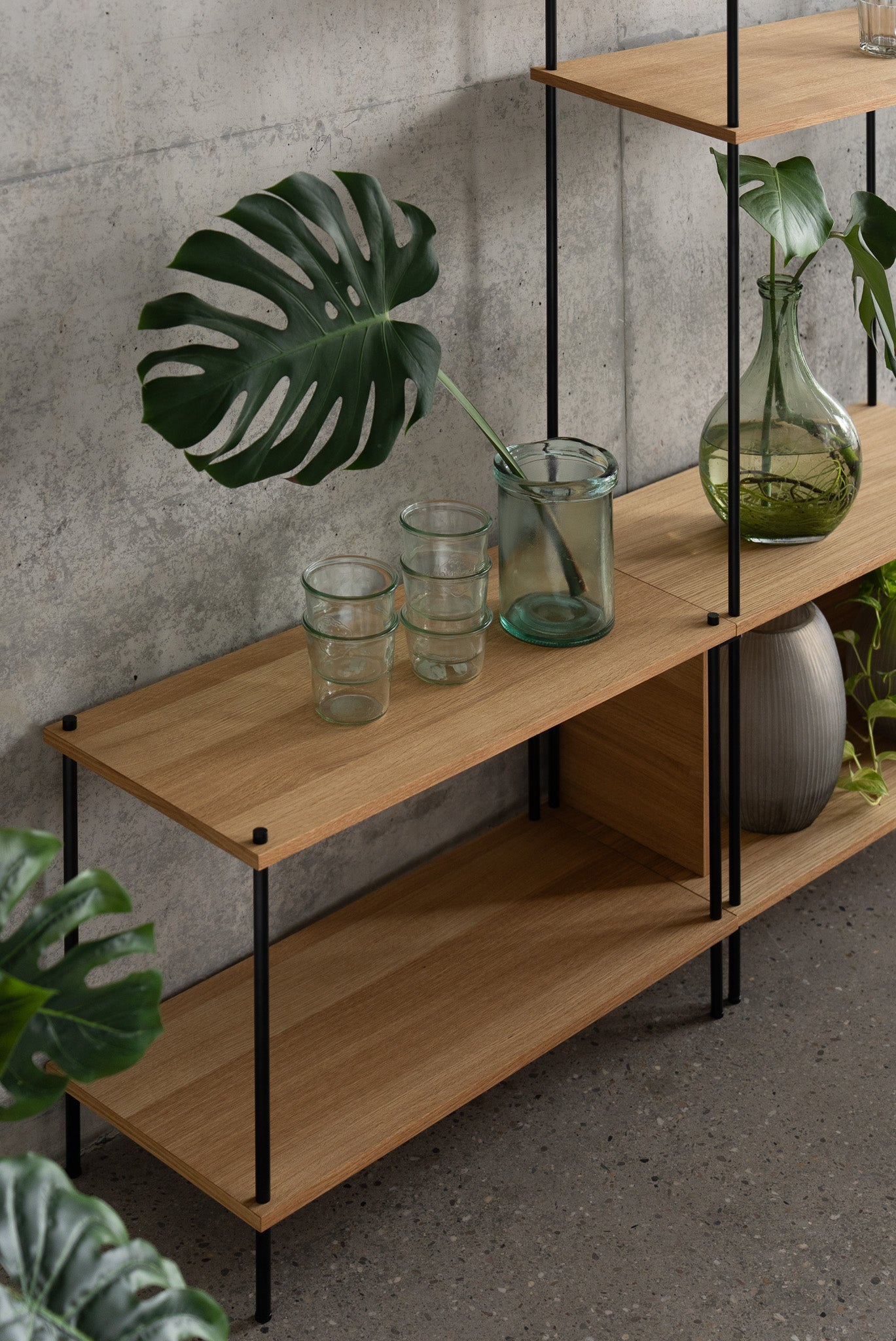 Asymmetric Double-Section Standing Shelf Unit - KUUDU Modular Shelving System - Oak