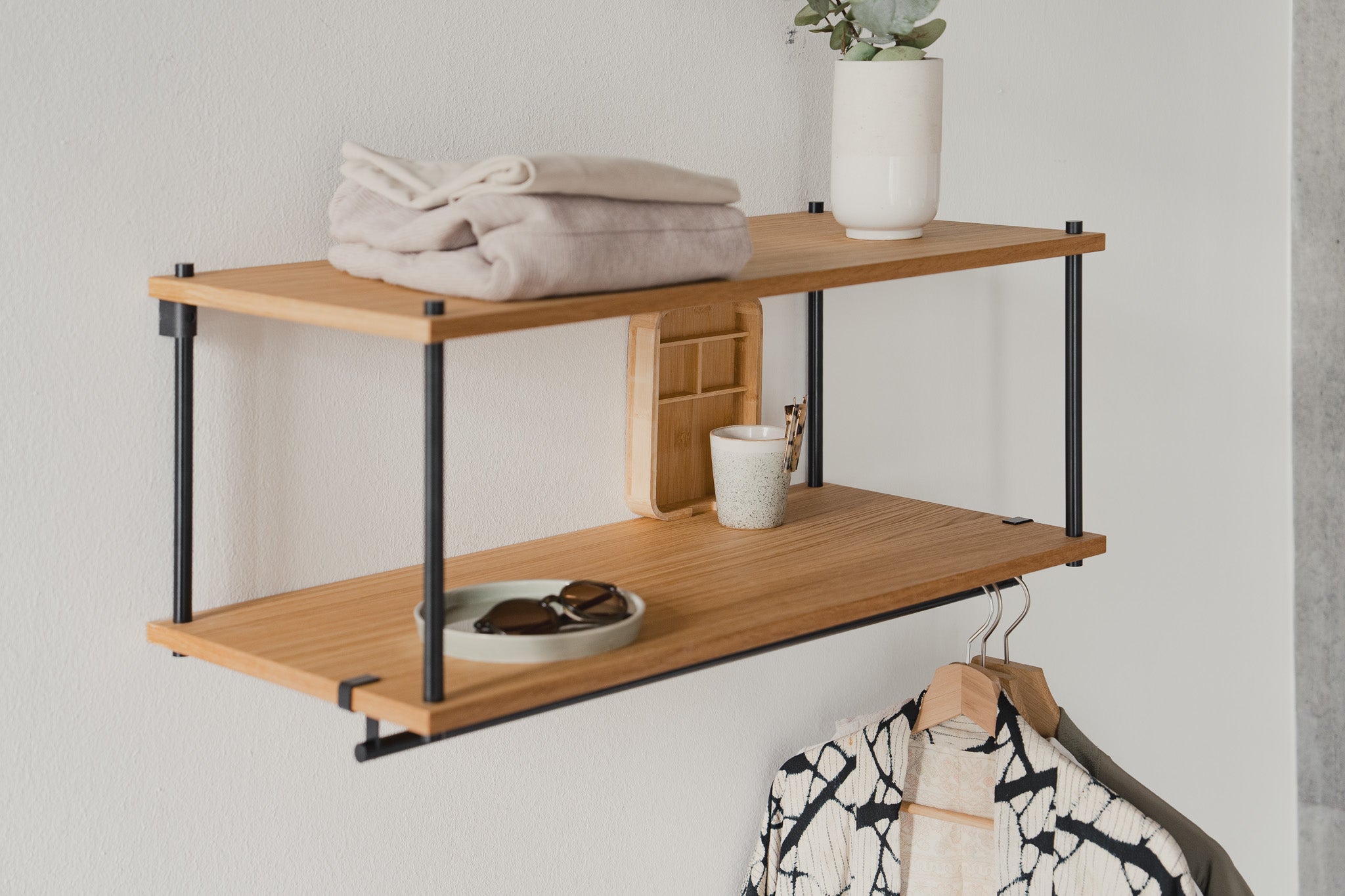 Wall-Mounted Wardrobe Bundle with Coat Rail & Shelves - KUUDU Modular Shelving System - Oak