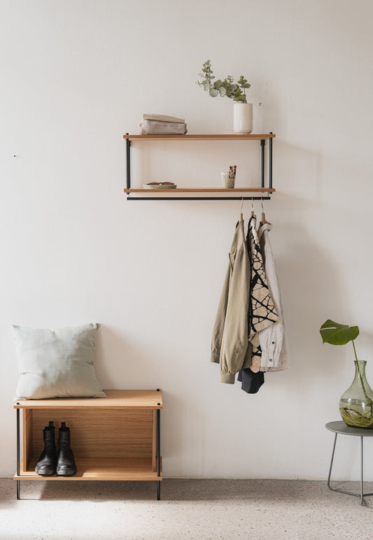 Low Standing Shoe Bench & Hallway Storage Organizer - KUUDU Modular Shelving System - Oak