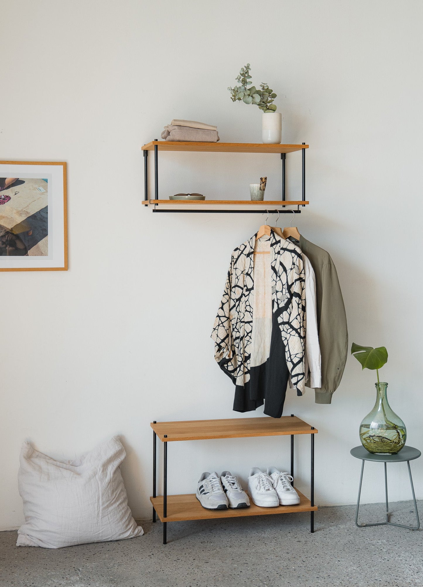 Wall-Mounted Wardrobe Bundle with Coat Rail & Shelves - KUUDU Modular Shelving System - Oak