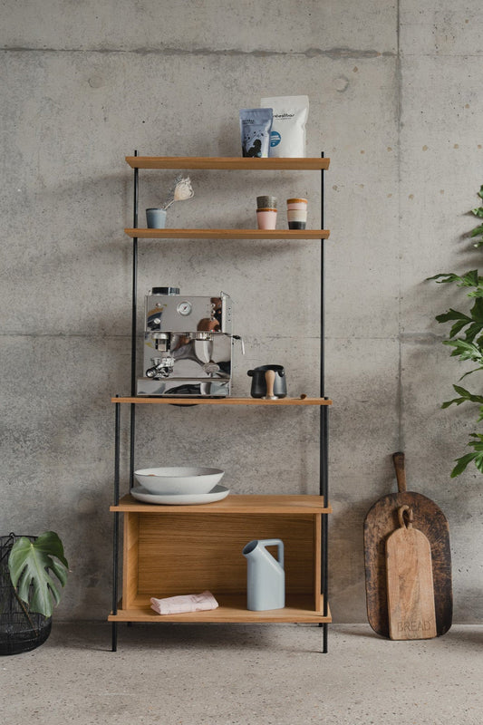 Tall Coffee Bar Station & Kitchen Storage Shelf - KUUDU Modular Shelving System - Oak