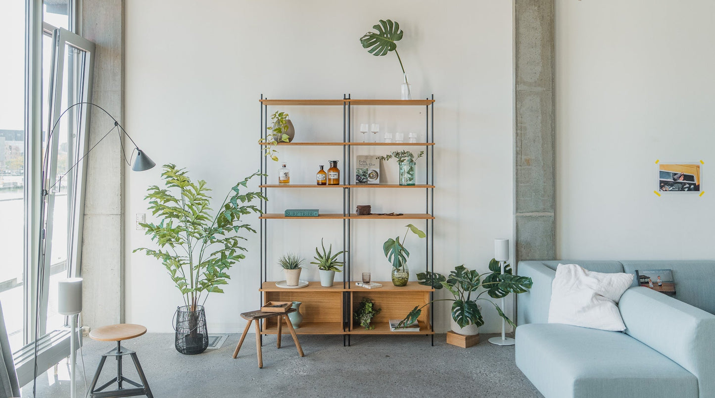 Large Double-Width Standing Library Bookshelf - KUUDU Modular Shelving System - Oak