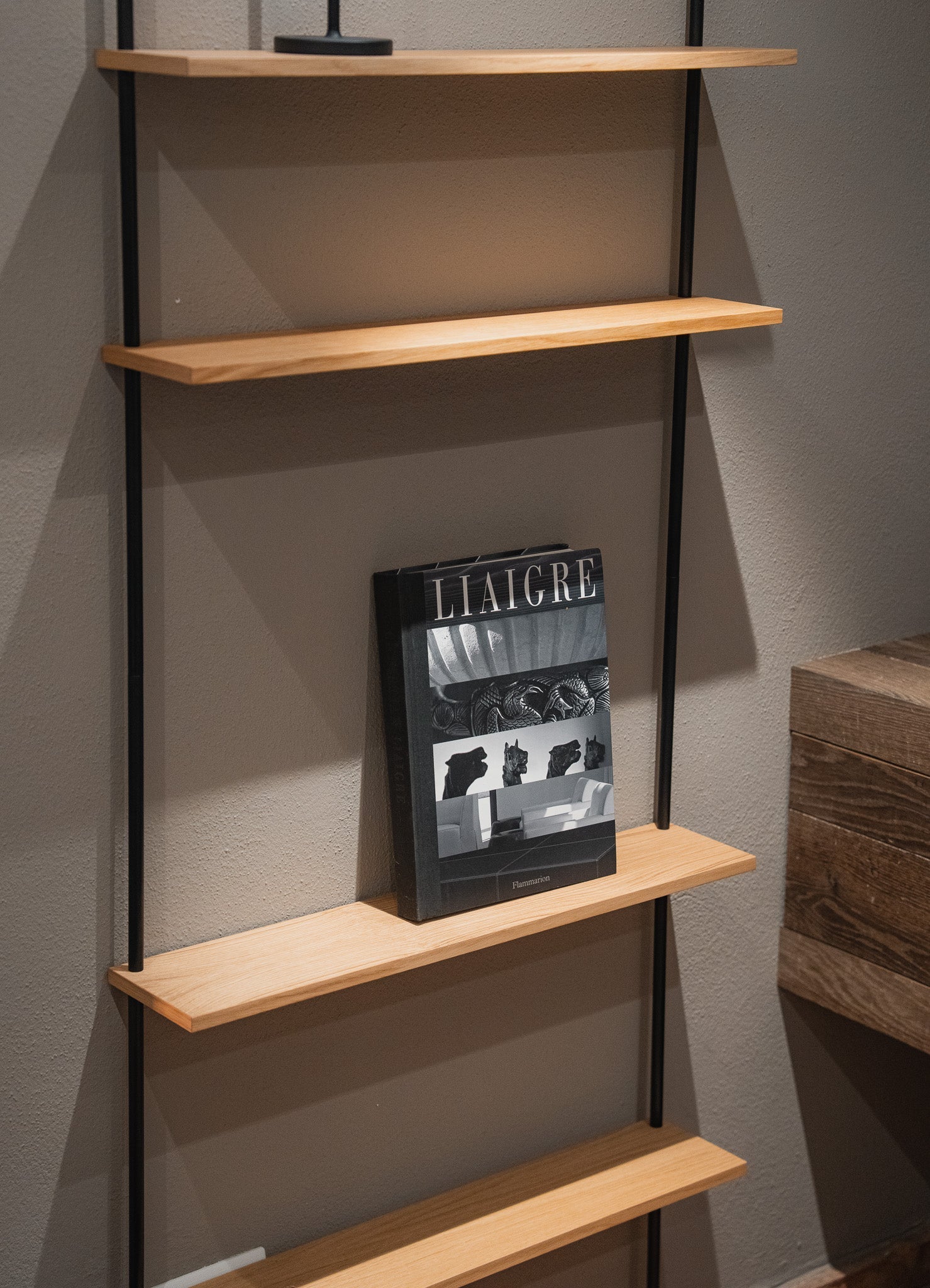 Tall oak standing wall shelf — KUUDU modular shelving system for living room and bedroom