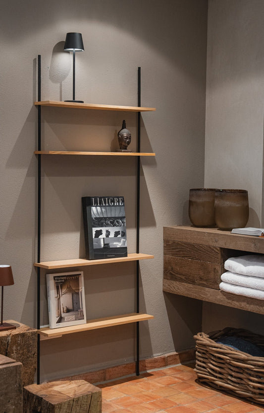 Tall oak standing wall shelf — KUUDU modular shelving system for living room and bedroom