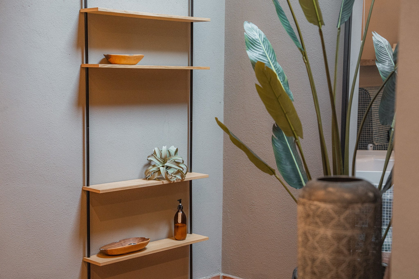 Tall oak standing wall shelf — KUUDU modular shelving system for living room and bedroom