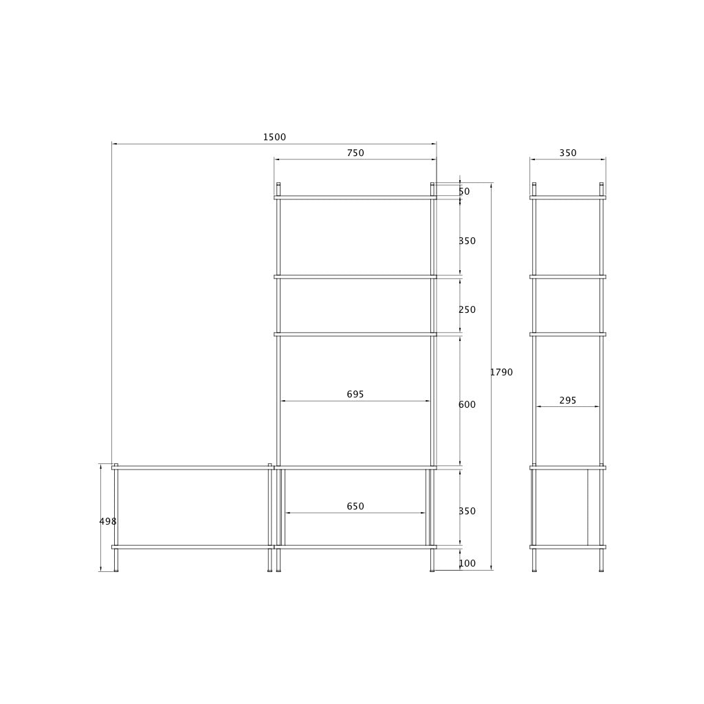 Asymmetric Double-Section Standing Shelf Unit - KUUDU Modular Shelving System - Oak