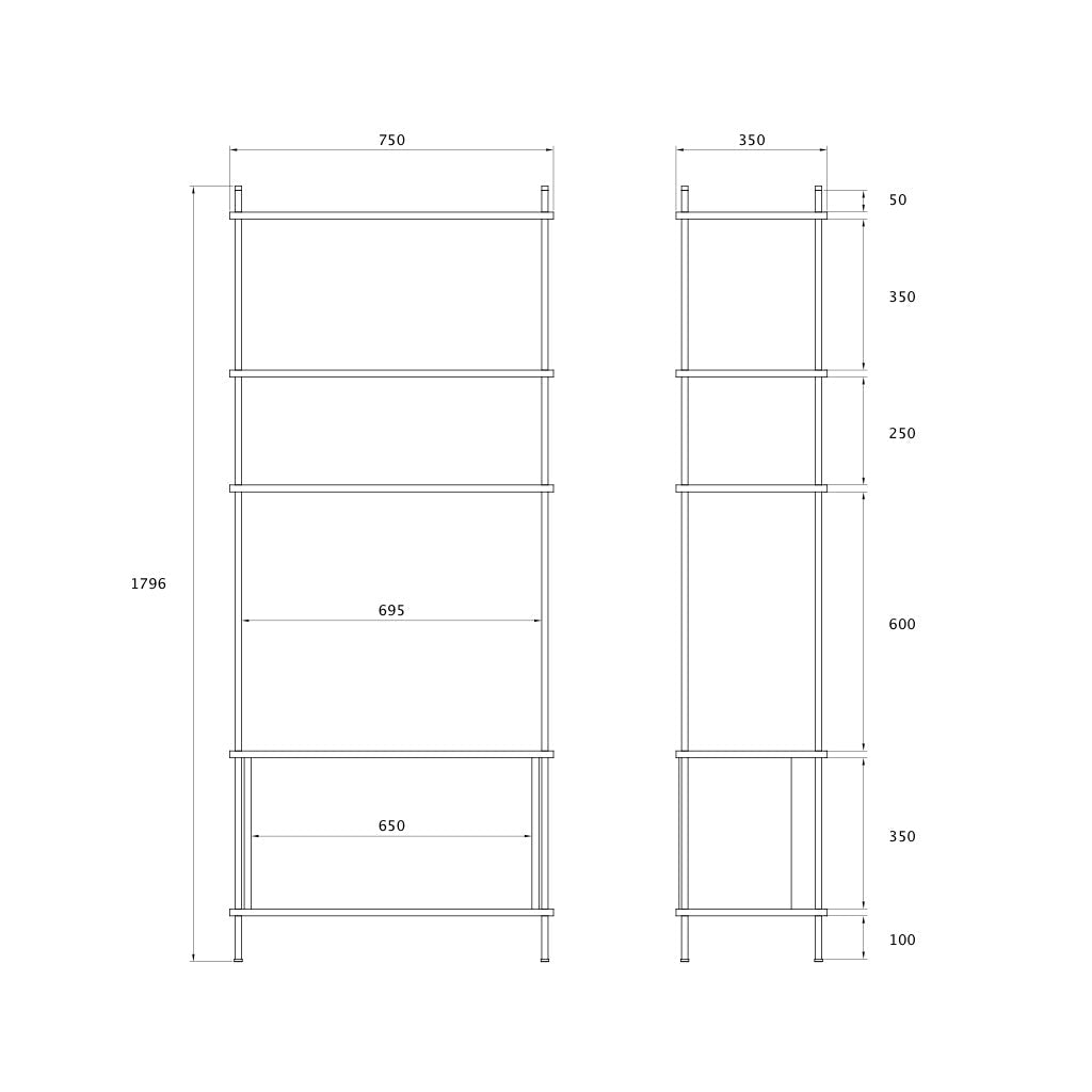 Dimensions diagram for the KUUDU Standing Shelf H1 — modular shelving system in oak