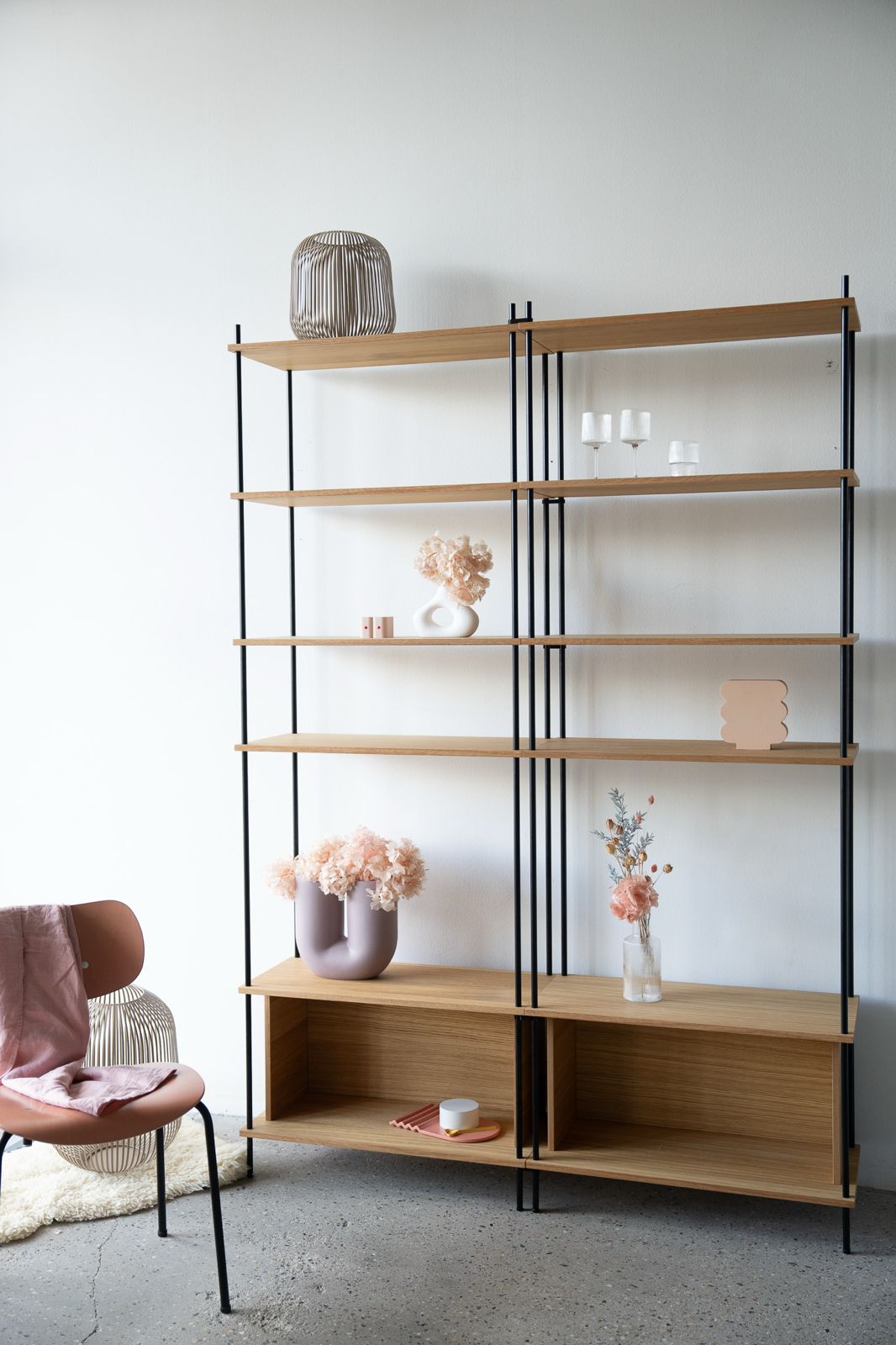 Large Double-Width Standing Library Bookshelf - KUUDU Modular Shelving System - Oak