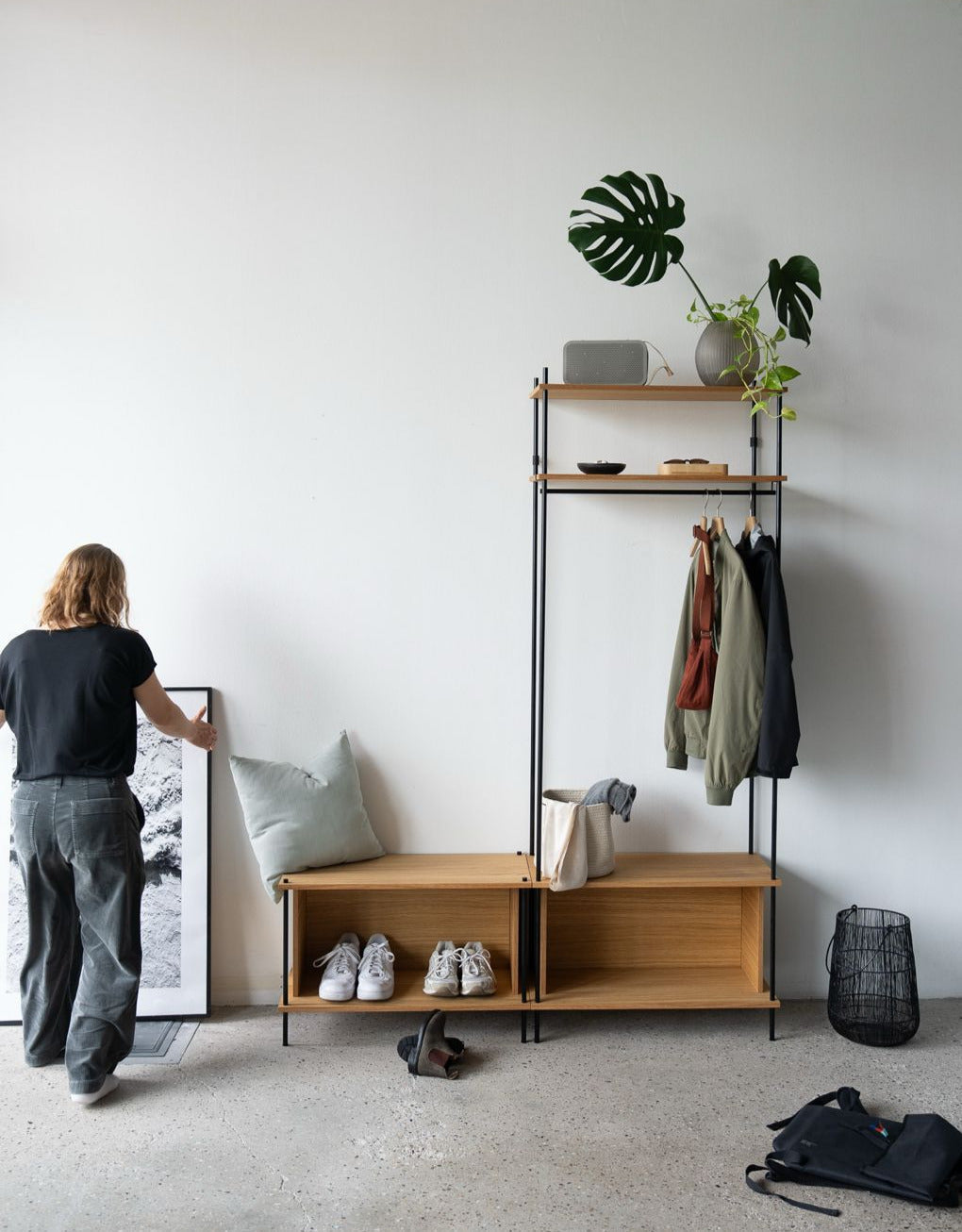 Wardrobe with Shoe Bench & Integrated Coat Rack - KUUDU Modular Shelving System - Oak