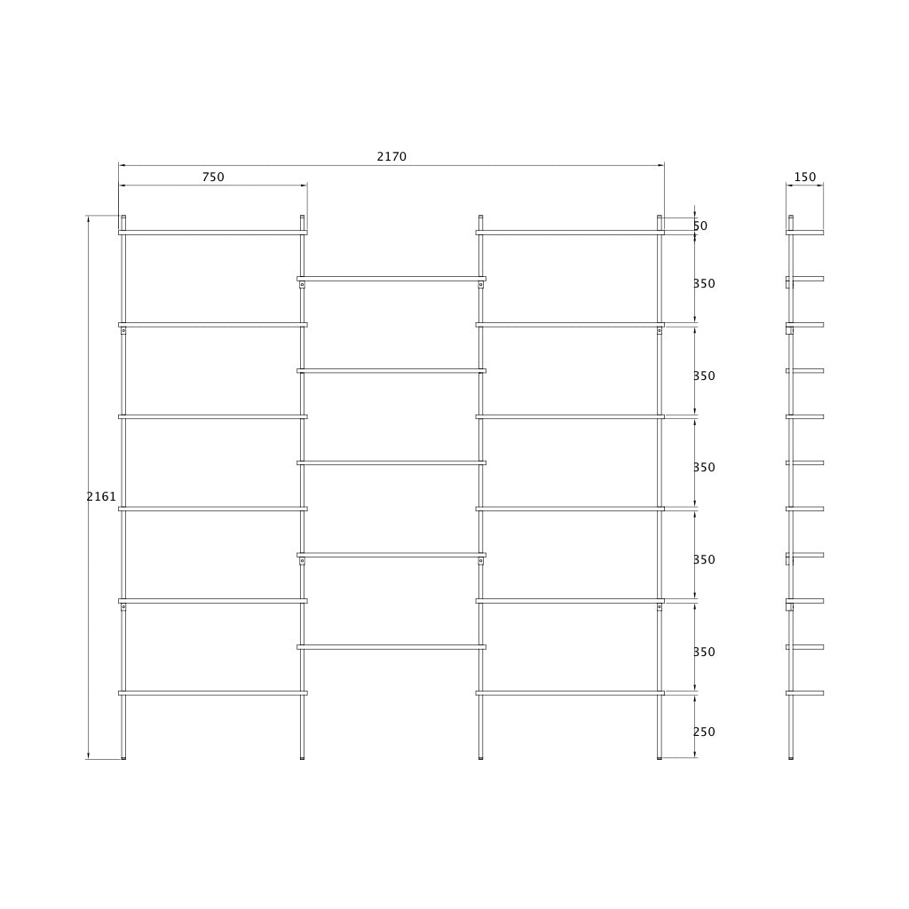 Large triple-section oak wall shelf with offset levels — KUUDU modular shelving system