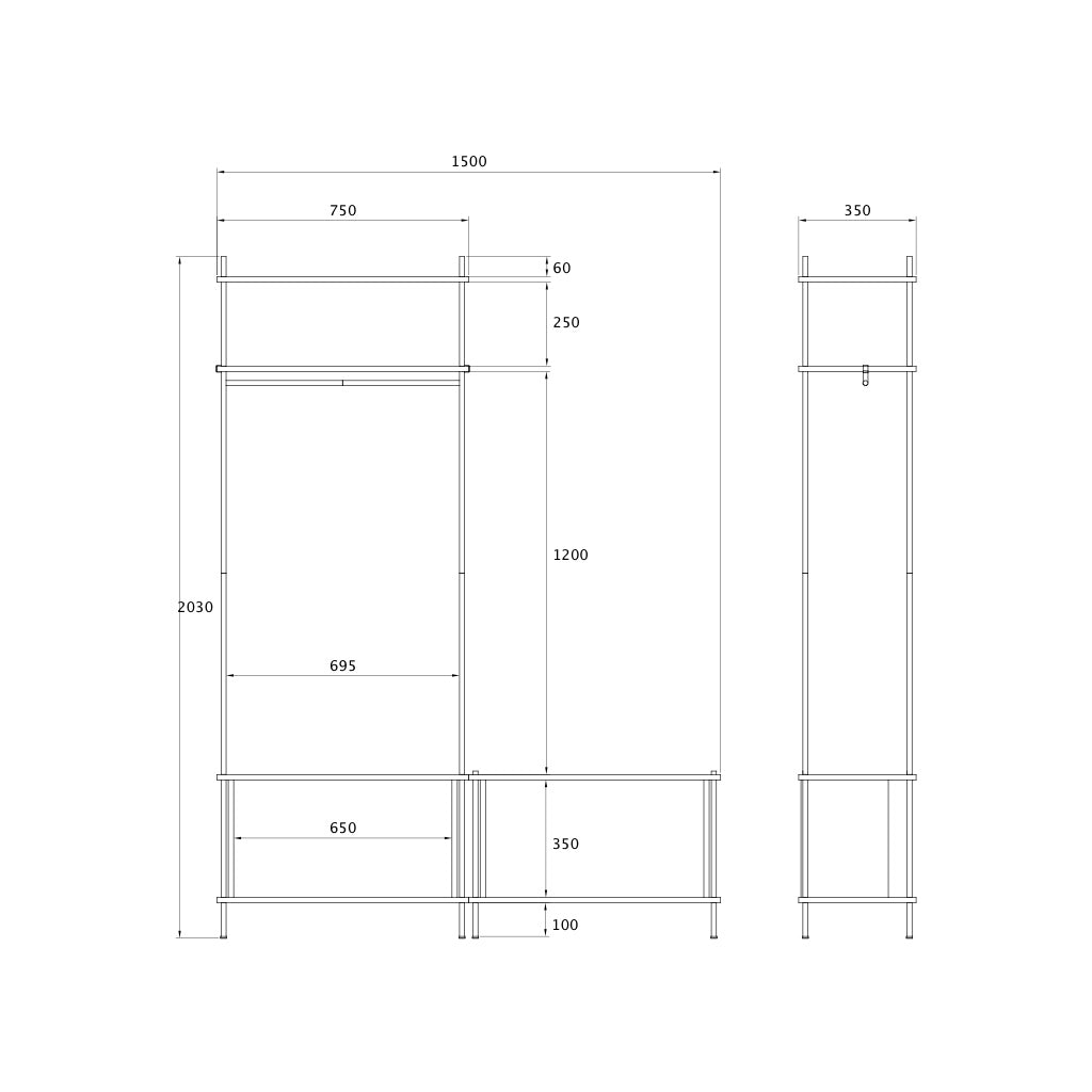 Wardrobe with Shoe Bench & Integrated Coat Rack - KUUDU Modular Shelving System - Oak
