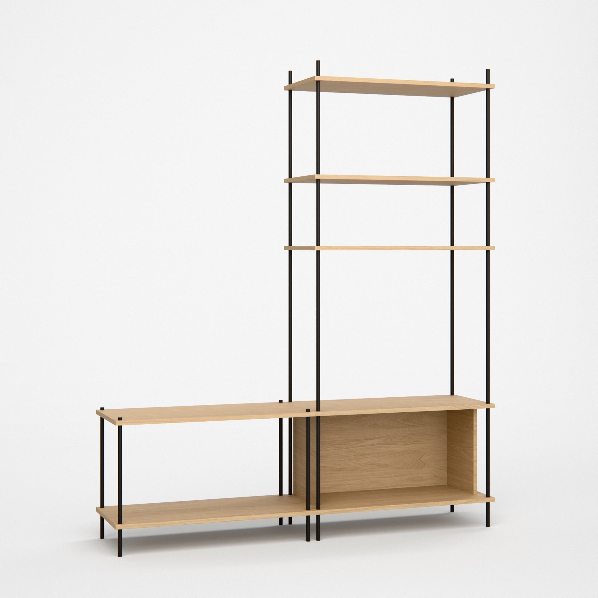 Oak Standing Shelf 180 cm — Asymmetric Double Section (L3H1) — Studioansicht