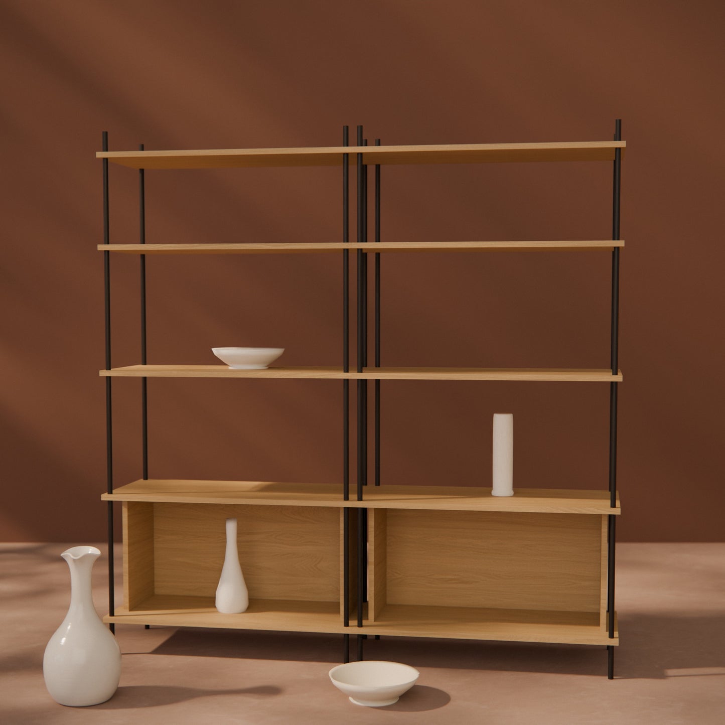 oak-bookshelf-150x154cm-two-closed-boxes -- Raumansicht