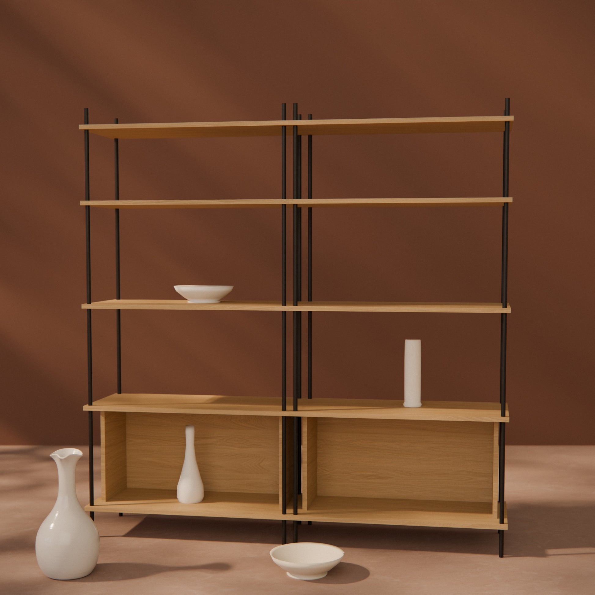 oak-bookshelf-150x154cm-two-closed-boxes -- Raumansicht