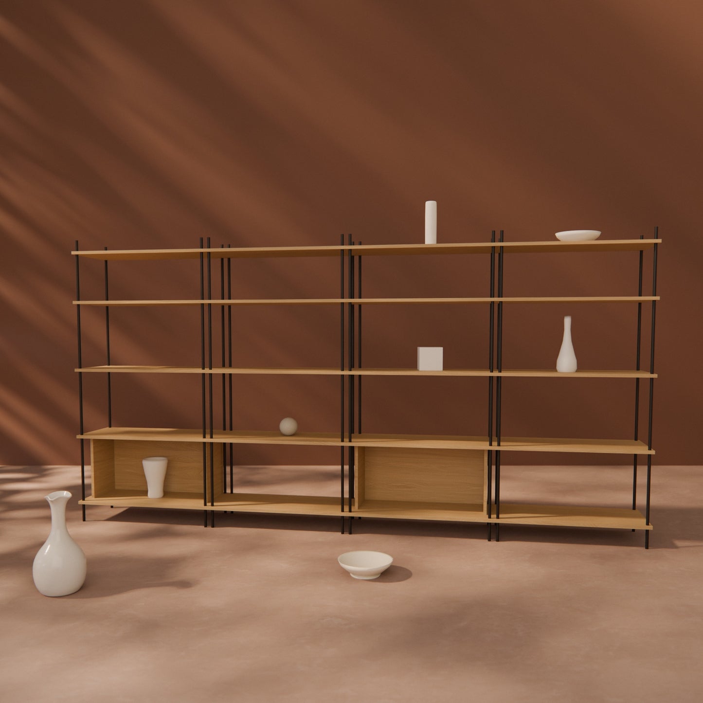oak-bookshelf-300x154cm-alternating-boxes -- Raumansicht