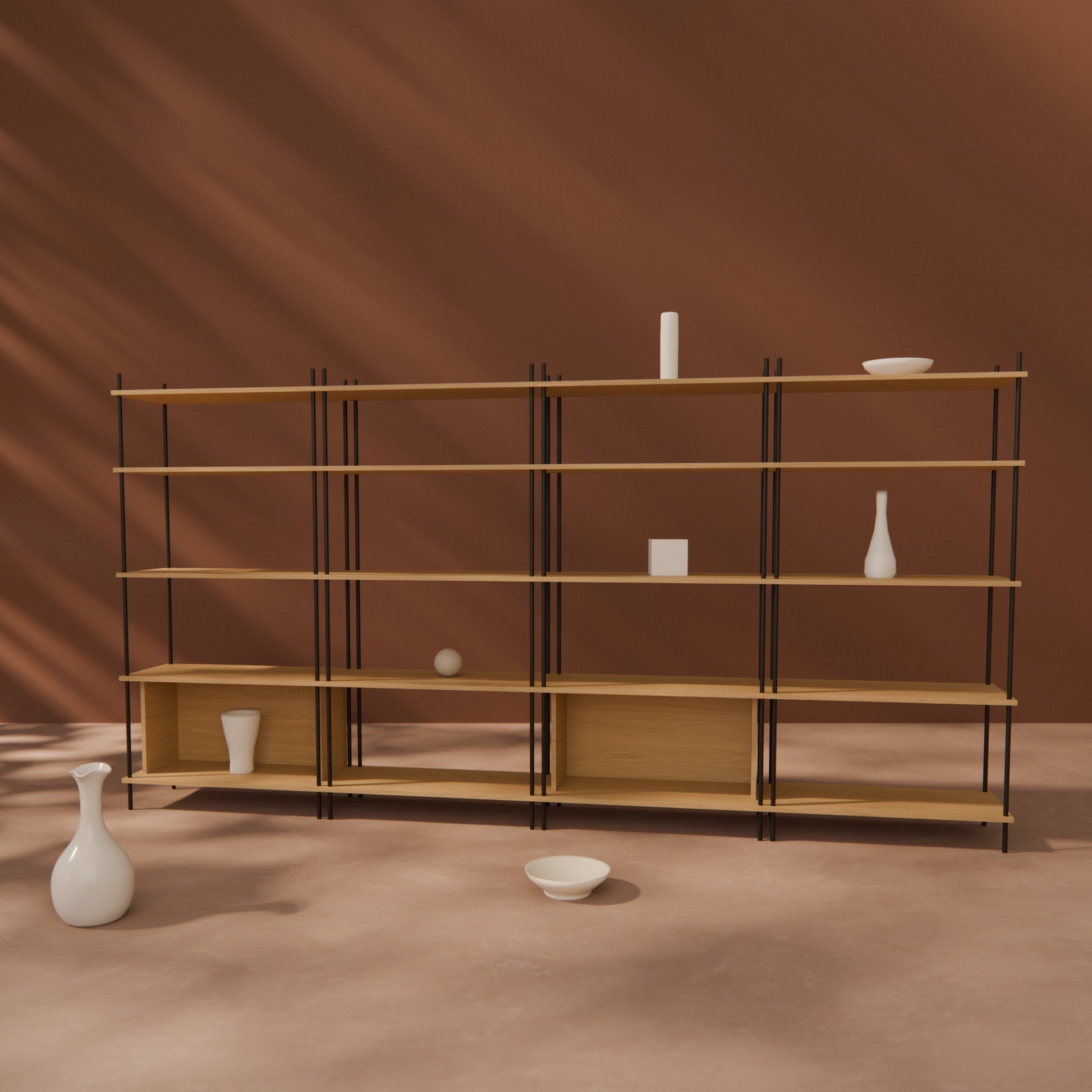 oak-bookshelf-300x154cm-alternating-boxes -- Raumansicht