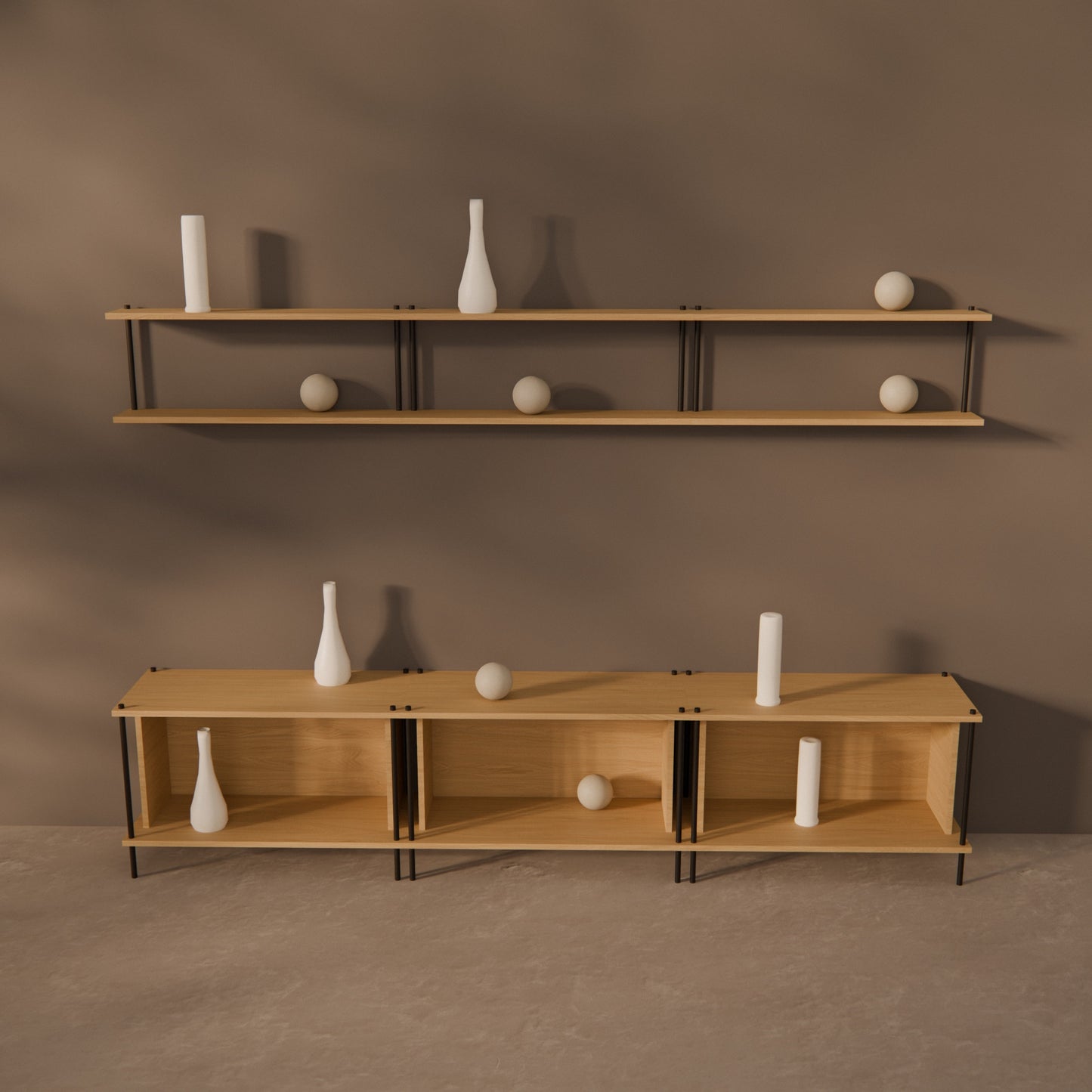 oak-media-combo-225cm-tv-bench-floating-shelf -- Raumansicht