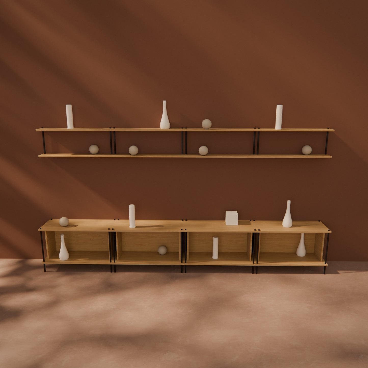 oak-media-combo-300cm-tv-bench-floating-shelf -- Raumansicht