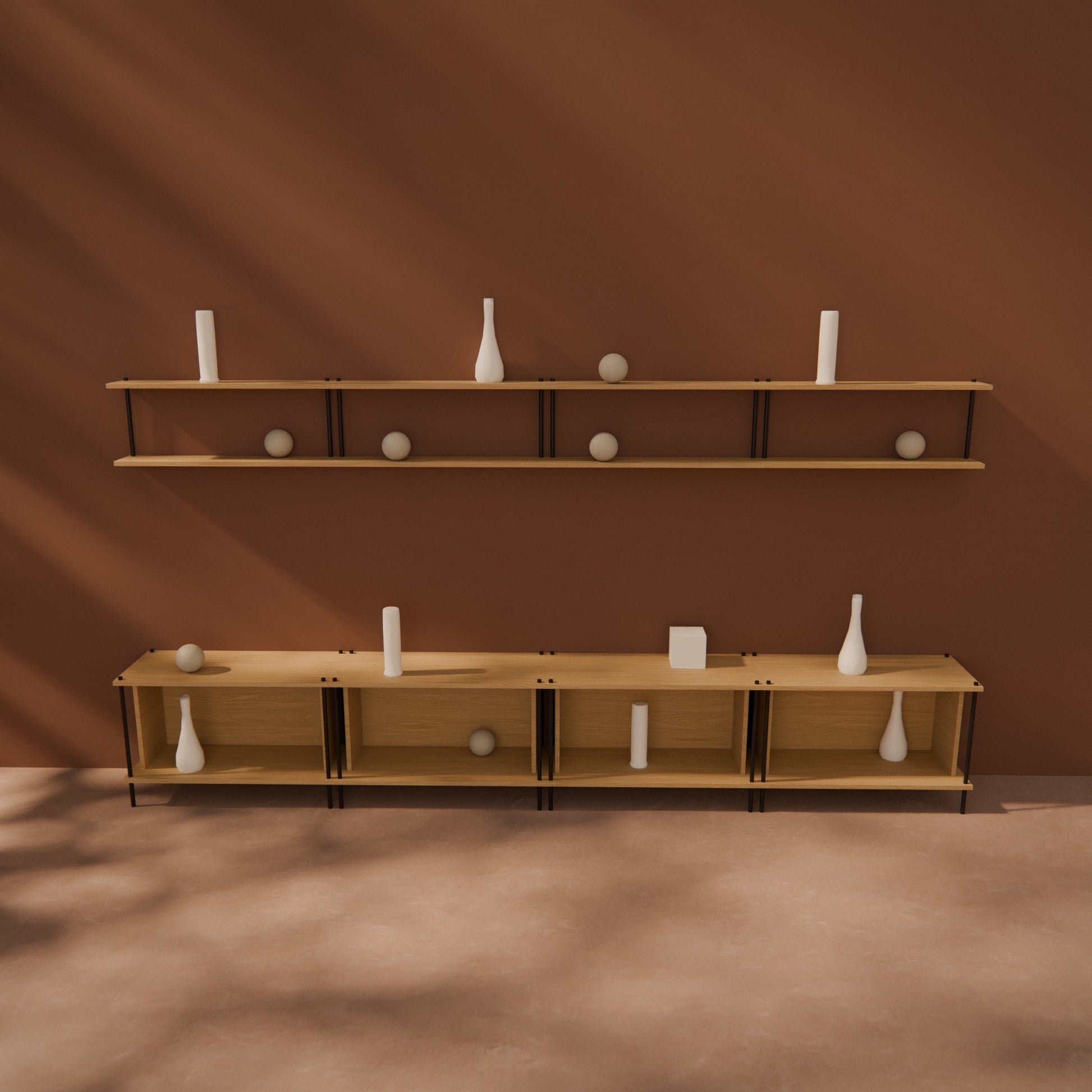 oak-media-combo-300cm-tv-bench-floating-shelf -- Raumansicht