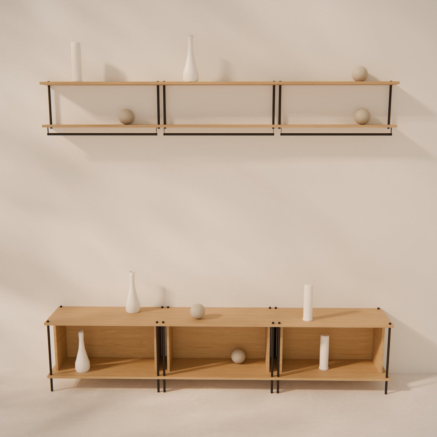 oak-wardrobe-combo-225cm-coat-rail-shoe-bench -- Raumansicht