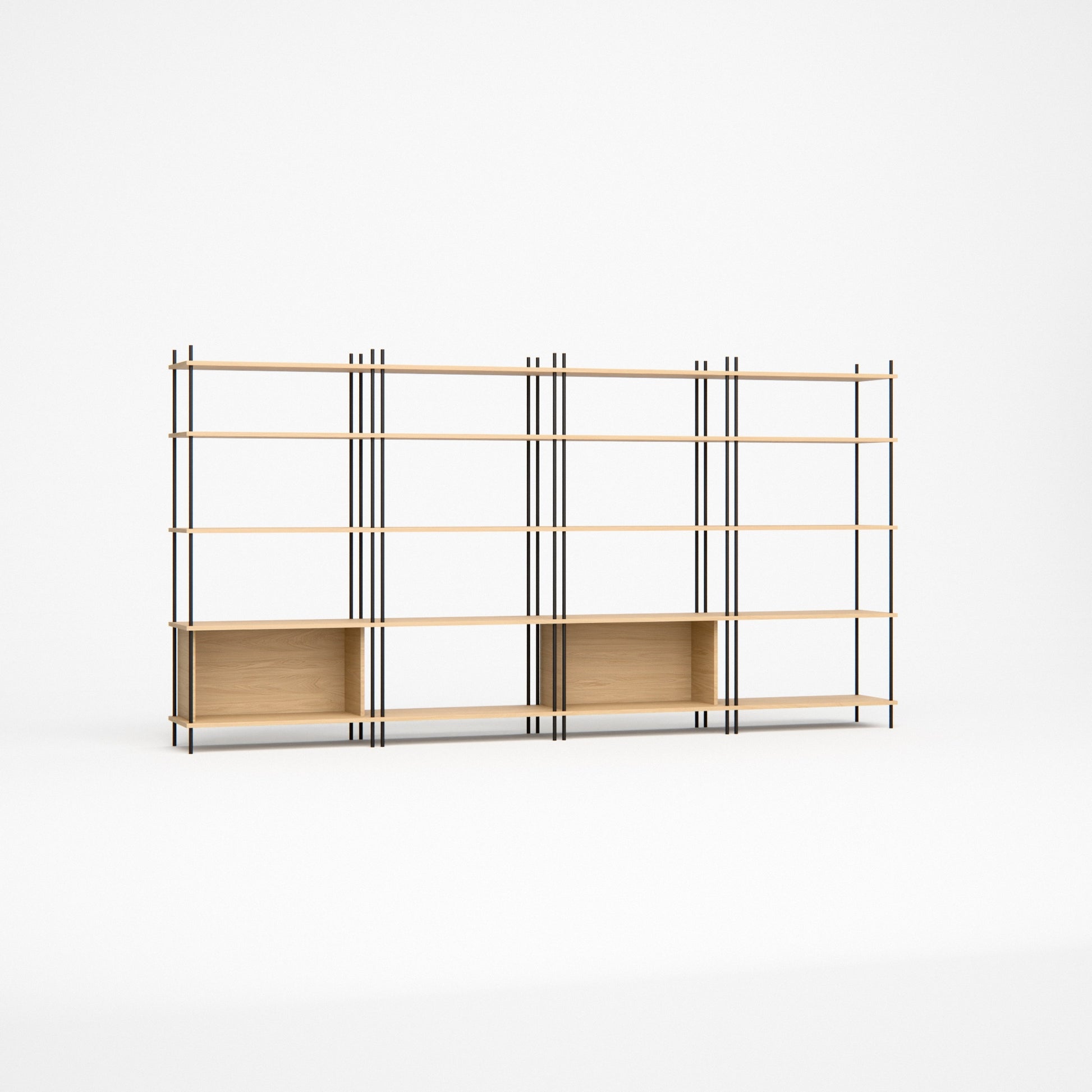 oak-bookshelf-300x154cm-alternating-boxes -- Studioansicht
